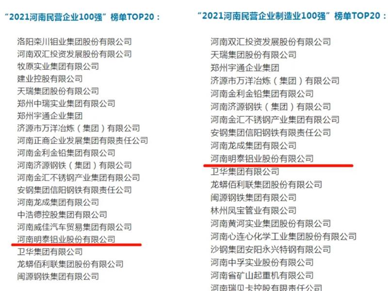 大发国际铝业再度入围“2021河南民营企业100强”榜单TOP20！